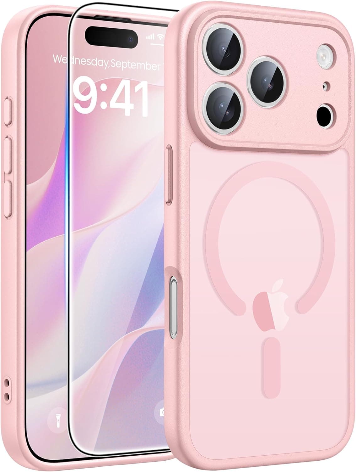 FNTCASE for iPhone 17 Pro Case: [Compatible with Magsafe] Translucent Matte Cases with [Full Camera Protection] [Screen Protector] Military Grade Shockproof Protective Phone Cover - Light Pink