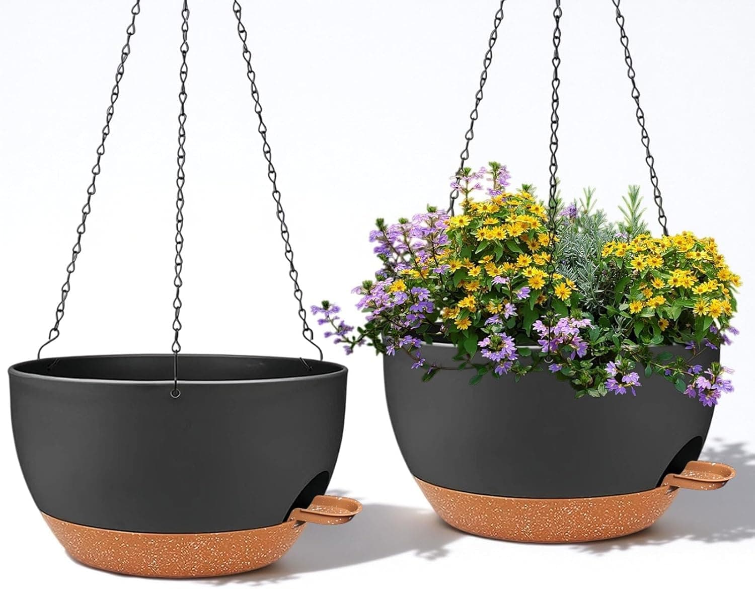 2 Pack 12 Inch Large Hanging Planters with Chains Self Watering Black Brown Plastic Hanging Pots for Indoor Outdoor Plants, Garden Porch Home Decor，Black Brown
