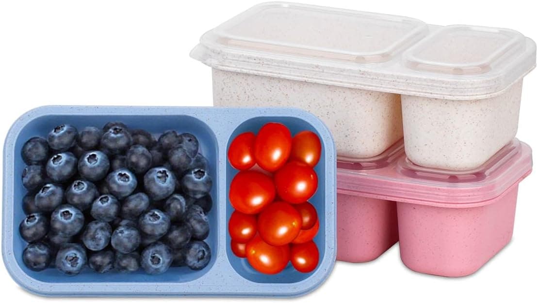 2-Compartment Reusable Snack Containers with Lids, Wheat Straw Reusable Snack Packs for Food Storage Meal Prep On-the-Go Snacking(3Pack)