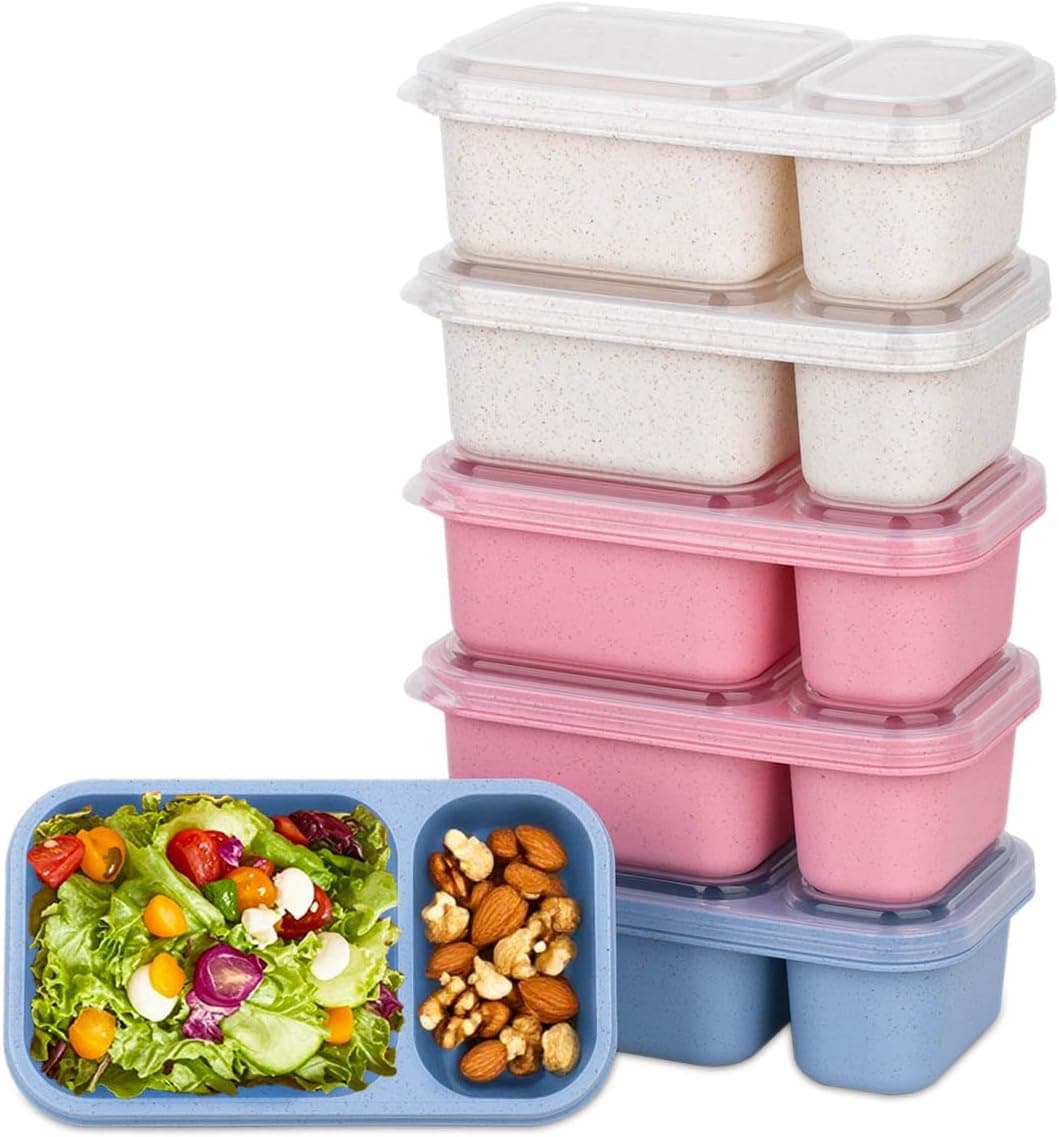 6Pack 2-Compartment Reusable Snack Containers with Lids, Wheat Straw Reusable Snack Packs for Meal Prep Food Storage On-the-Go Snacking