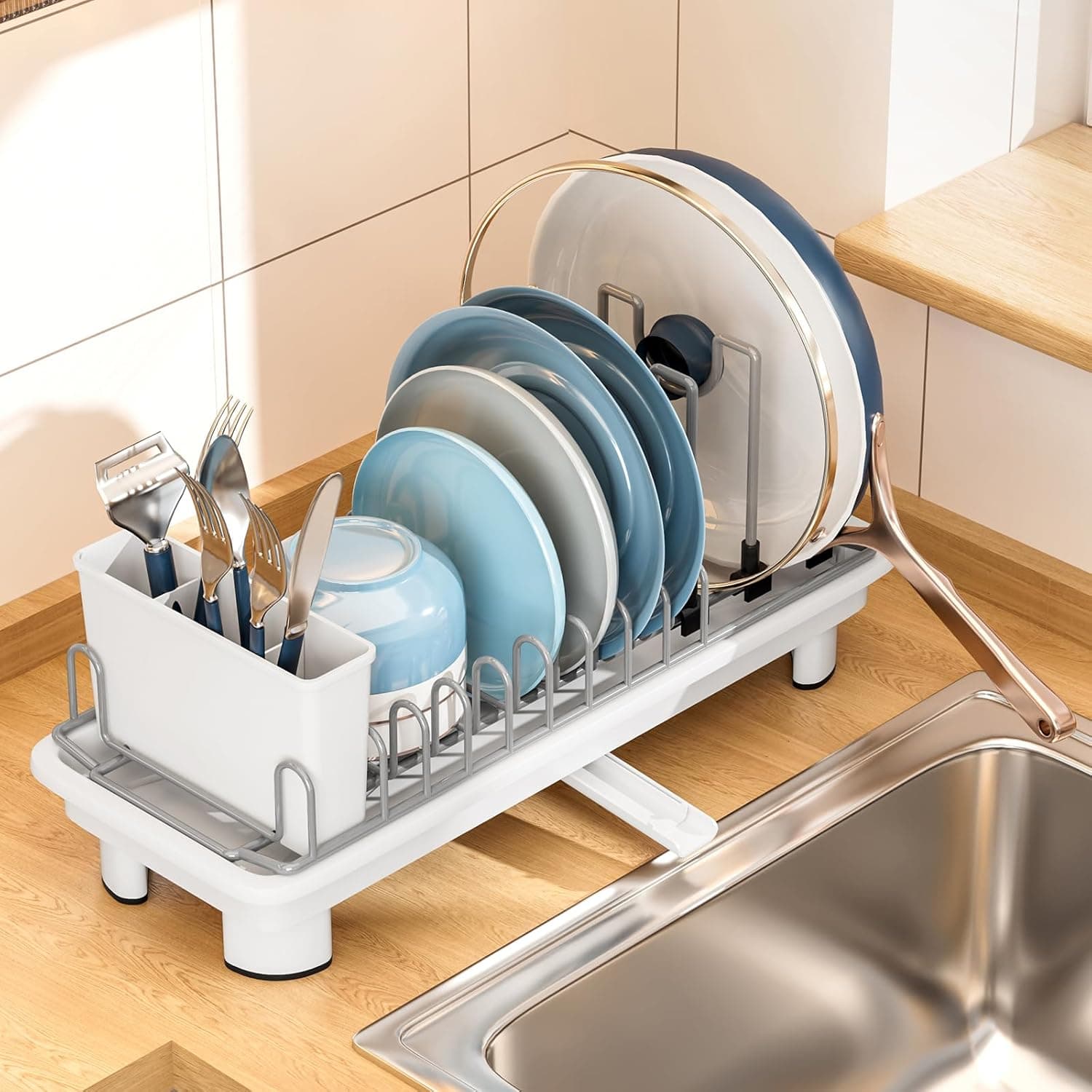 Compact Dish Drying Rack with Utensil Holder – Small Countertop Dish Drainer with 360° Rotating Drain Spout, Stainless Steel Dish Rack for Kitchen Sink, Space-Saving Design for Small Kitchen, White