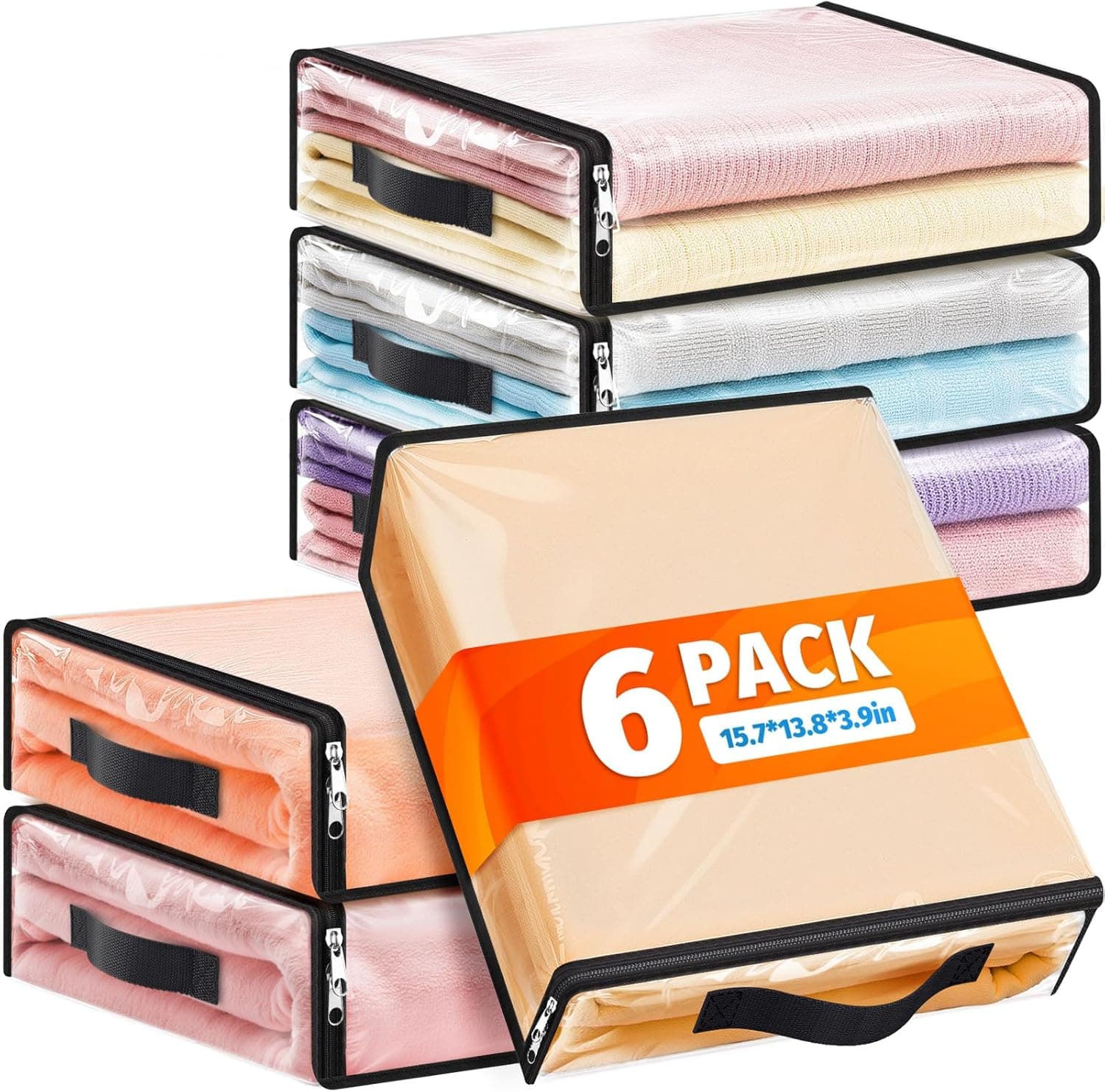 SpaceWhisper 6 Pack Clear Storage Bags, Plastic Blanket Storage Bags with Zipper and Handle, Moving Bags for Comforter, Bedding & Clothes, Closet Organizer and Under Bed Storage (15.7x13.8x3.9 Inch)