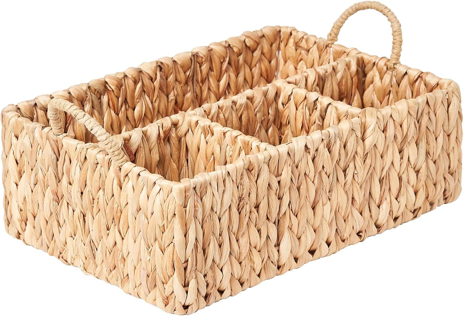 Wicker Basket Divided Storage with Handles - Natural Water Hyacinth Organizer for Diaper Essentials, Kitchen Utensils, Bathroom & Nursery Organization, 4 Compartments