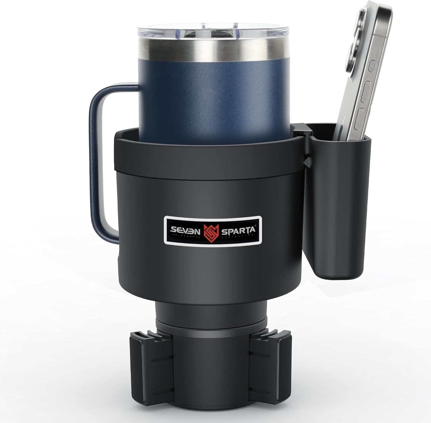 Seven Sparta Cup Holder Expander with Phone Holder & Cable Access, 3-in-1 Car Organizer, Side Storage Box for Phone/Cards, Compatible with Yeti, Owala, Hydro Flasks & Large Bottles Mugs in 3.4"-3.8"