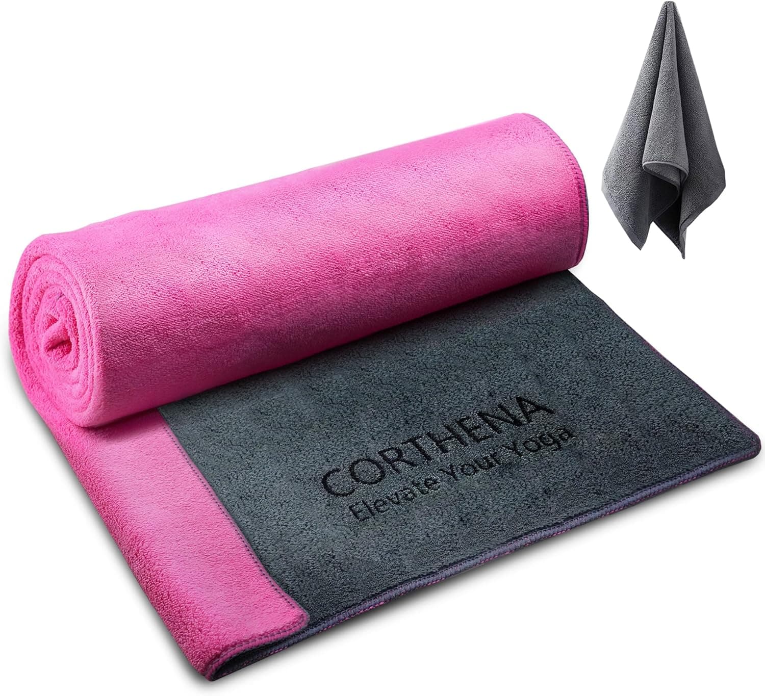 Yoga Mat Towel with Hand Towel, Extra Thick (600GSM) Soft Hot Yoga Towel, Non-Slip and Sweat Absorbent for Hot Yoga, Bikram, Pilates, and Fitness, 72" x 27.5", Dual-Color, Grey/Pink