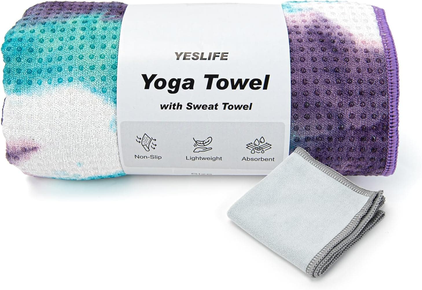 YESLIFE Non-Slip Extra Thick Hot Yoga Towel with One Sweat Towel, Microfiber Sweat Absorbent Yoga Mat Towel with Grip Dot, Pilates Mat, 72" x 24", Green&Purple