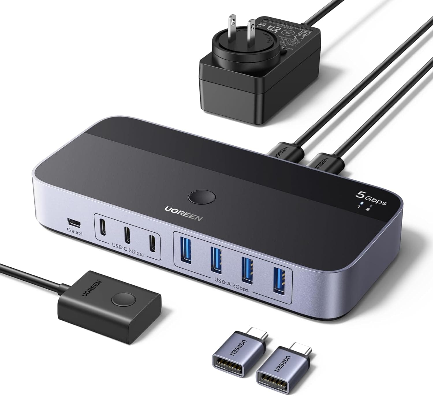 UGREEN 2-in 7-Out USB 3.0 Switch, USB Switcher for 2 Computers Sharing USB A & C Devices (4USB-A + 3USB-C), USB Switches Sharing Keyboard and Mouse with Controller, USB-C Male Adapter, Power Adapter