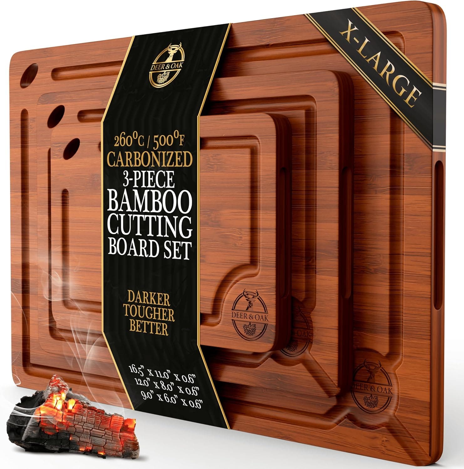 Pre-Oiled, Non Toxic 3-Piece Carbonized Bamboo Cutting Board Set, Eco-Friendly Wooden Chopping Boards for Kitchen with Hanging Hole, 500°F Carbonized Technology Charcuterie Serving Boards Deer & Oak