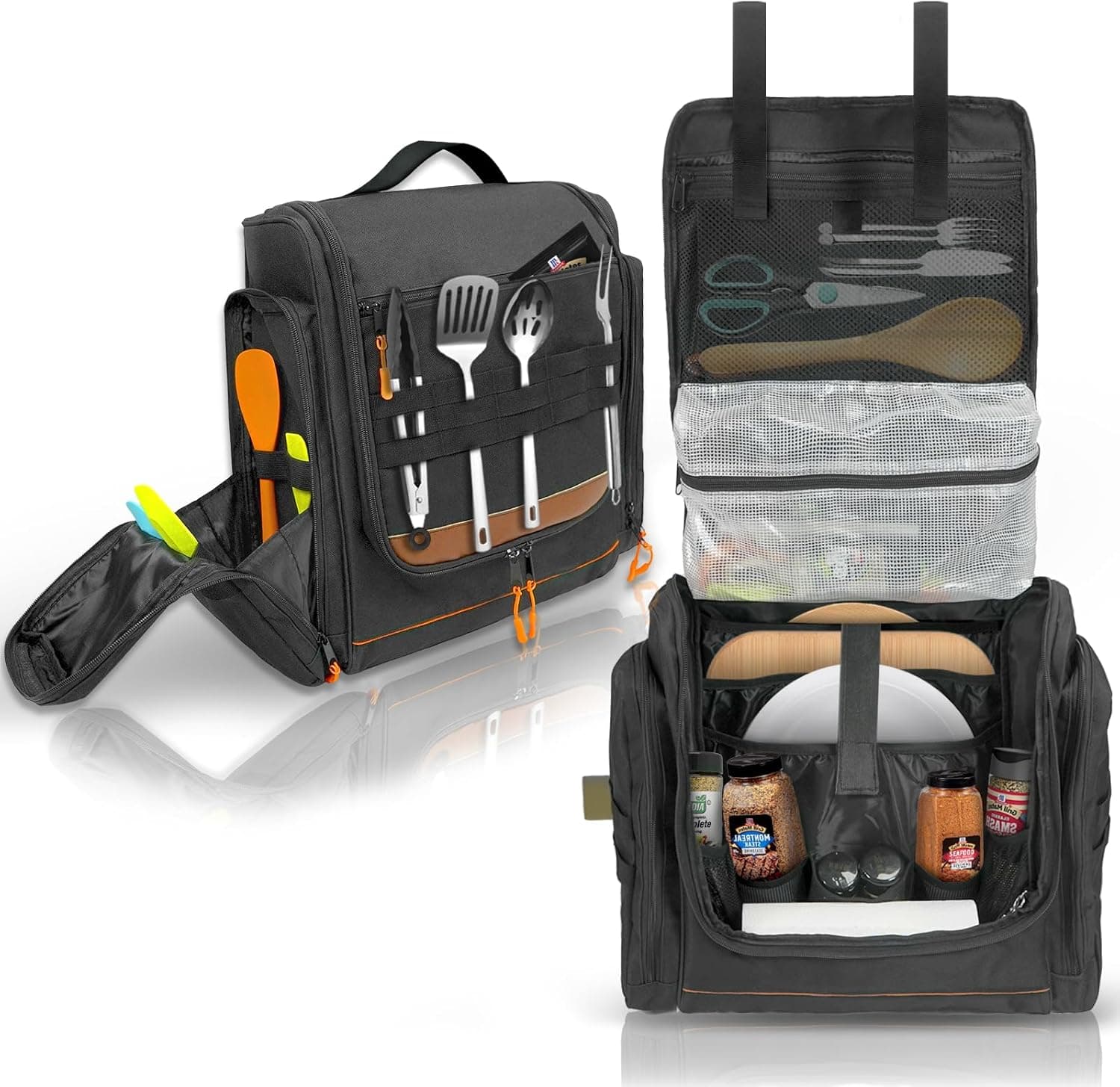 ORKELS Tactical Camping Kitchen Organizer Bag – Hanging Camp Cookware Storage with Paper Towel Holder, Portable Utensil Organizer for BBQ, Hiking, RV Cooking Essentials – Bag Only