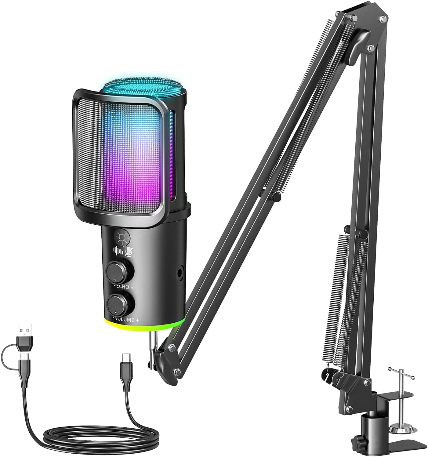 Gaming USB Microphone, Noise Cancellation Condenser Mic with Mute,Boom Arm Mic-Reverb Adjustment, Monitoring for Streaming, Podcasting, Discord, YouTube,PC, Computer, PS4, PS5, Mac