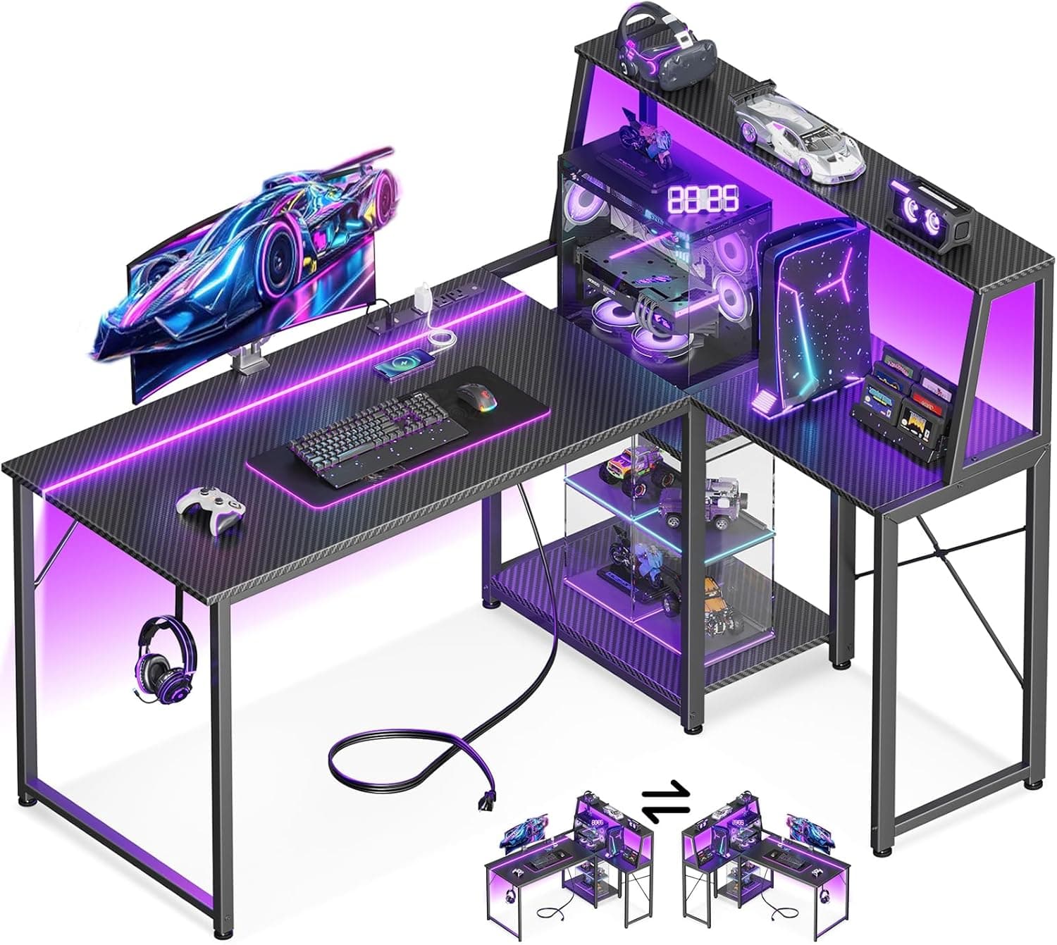 MOTPK 45 Inch L Shaped Gaming Desk with Power Outlet & LED Lights, Computer Table with Corner Desktop Showcase for CPU Stand, Display Storage Shelf, Carbon Fiber Surface, Black