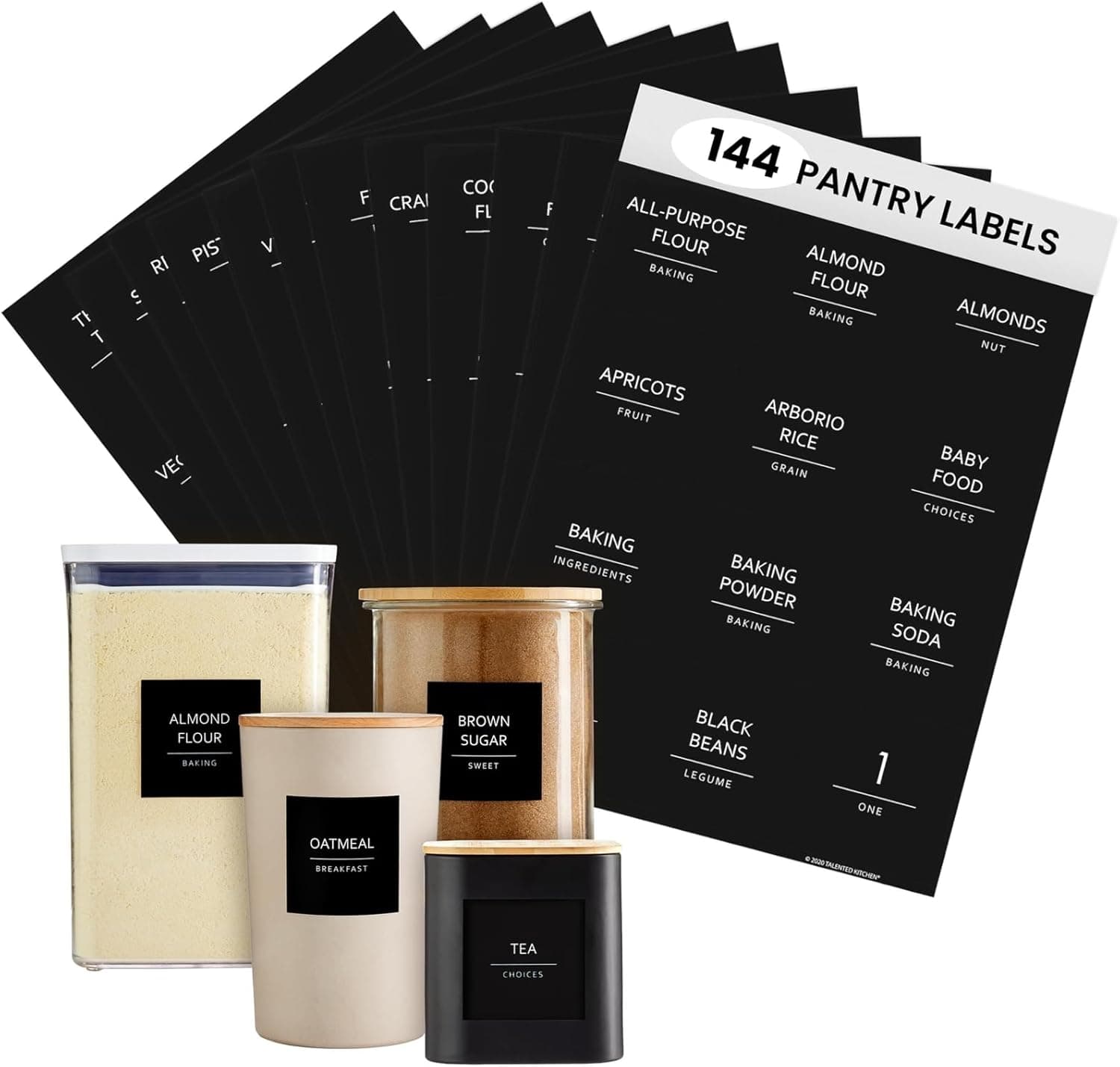 Talented Kitchen 144 Minimalist Pantry Labels – Preprinted White All-Caps on Matte Black Vinyl Stickers, Water-Resistant Adhesive Labels for Kitchen, Jars, Containers, Spices & Pantry Organization