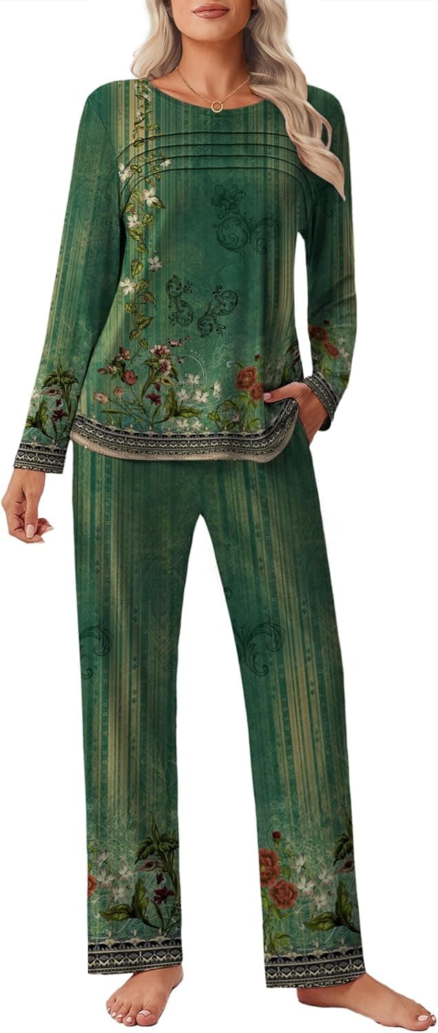 Ekouaer Womens Pajama Sets Pleated Tops with Long Pants Lounge Set Long Sleeve Fall Sleepwear Ladies Pjs S-XXL