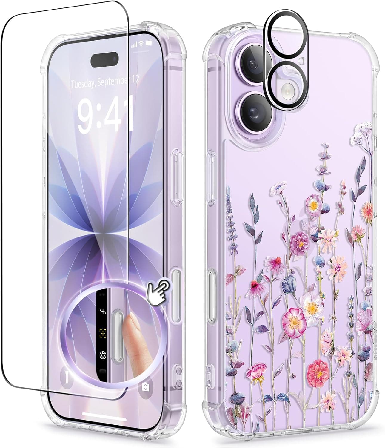 GVIEWIN for iPhone 17 Case, with Screen Protector+Camera Lens Protector, [NonYellowing] Clear Floral Slim Shockproof Protective Hard PC Back Women Phone Case for iPhone 17 6.3", Floratopia/Colorful
