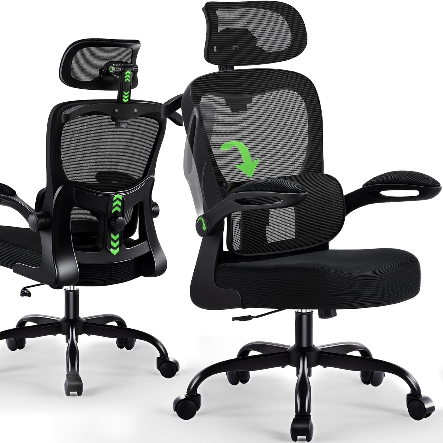 Office Chair Ergonomic Desk Chairs with Adjustable Lumbar Support& Headrest Hanger, High Back Breathable Mesh Chair with Wheels, Rolling Swivel Comfy Task Computer Chair for Home Work Gaming