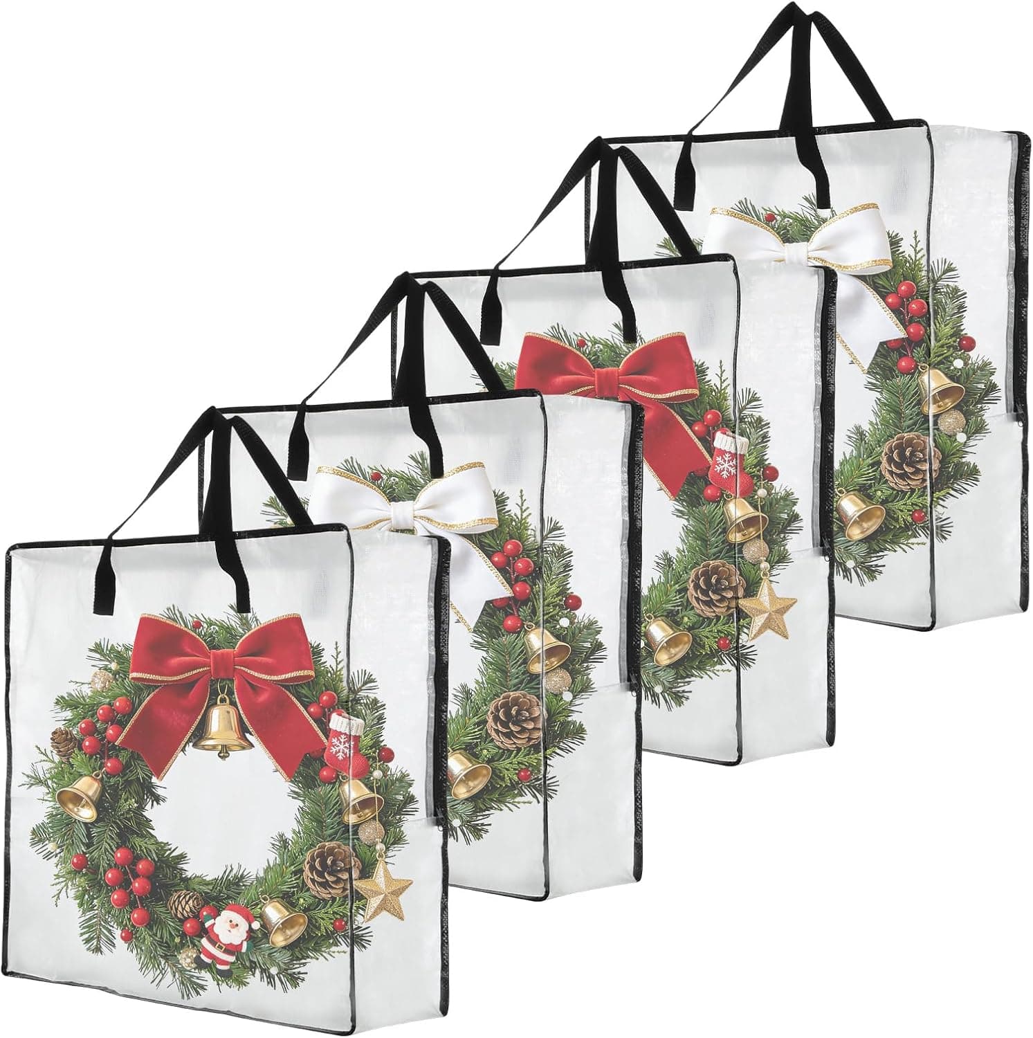 Grevosea 4 Pack Wreath Storage Bag, Christmas Garland Container, 26 Inch Clear Door Wreath Organizers Holiday Decoration Organizer with Sturdy Zippers Moving Bag for Home