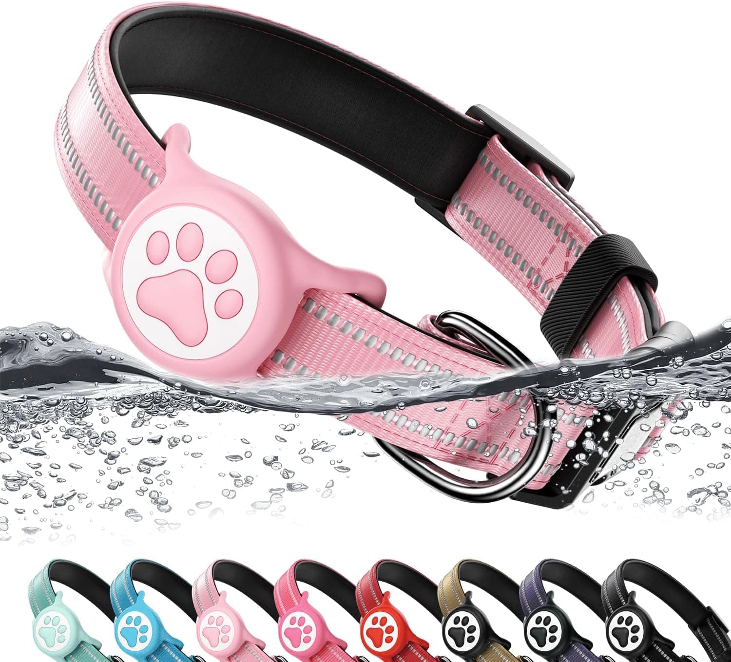 Airtag Dog Collar, Reflective Ultra-Durable Nylon Padded with QR Code Buckle & IP68 Waterproof Air Tag Holder Compatible for Apple AirTag, Comfortable for Small Medium Large Dogs(Pink,L)