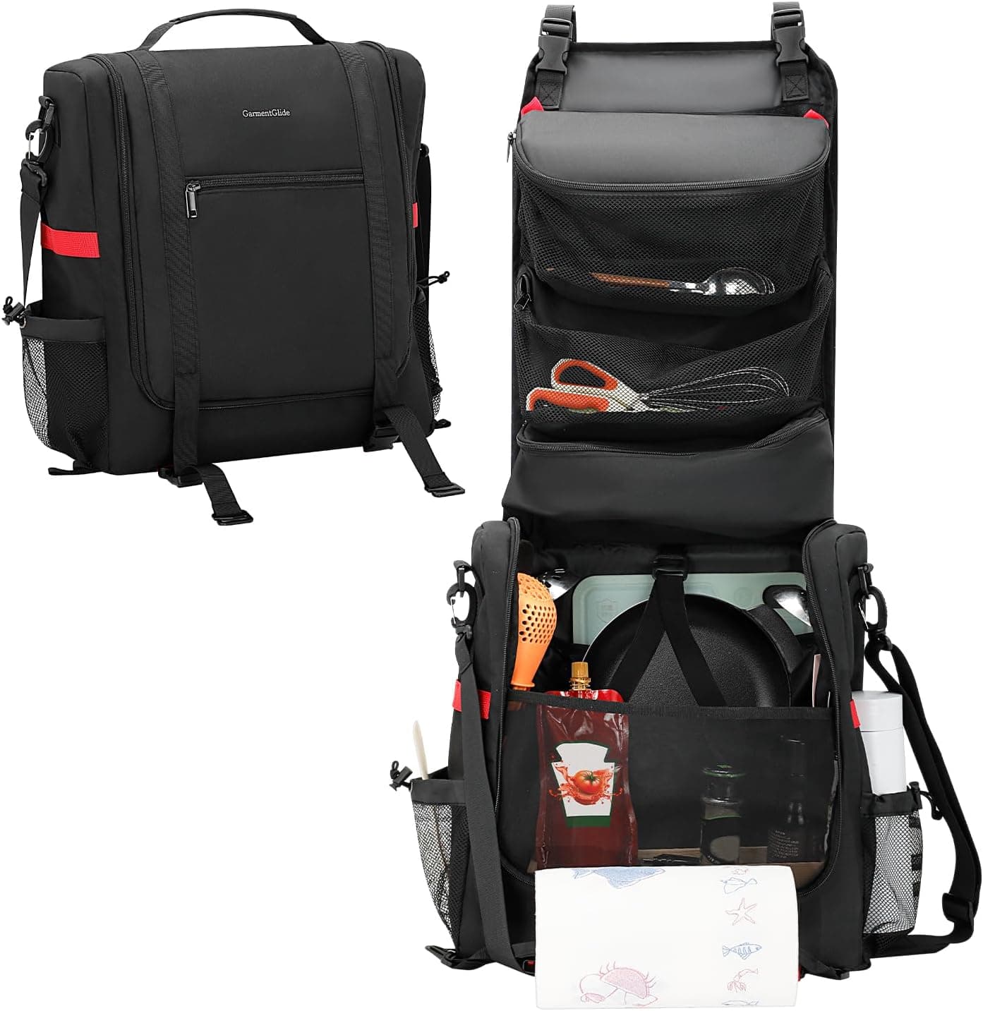 Camp Kitchen Organizer, Hanging Cooking Tools Storage Caddy Bag with Paper Towel Holder & Multi-Pockets, Portable Camping Utensils Kitchen Cookware Bag, Car Travel, Picnic, BBQ Essentials Camping Gift