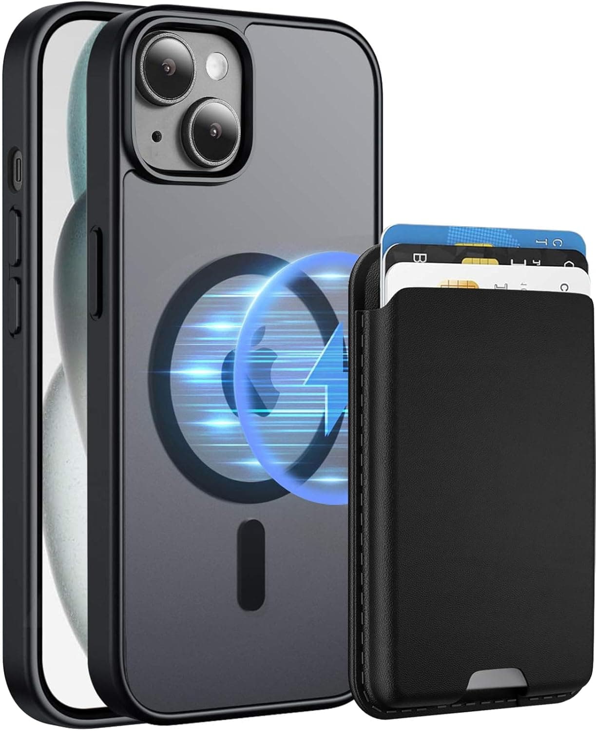 Magnetic for iPhone 13 & iPhone 14 Case (Compatible with MagSafe) with Detachable Wallet & Card Holder for 3 Cards [RFID Blocking] Military Grade Protective Slim Phone Cover, Black