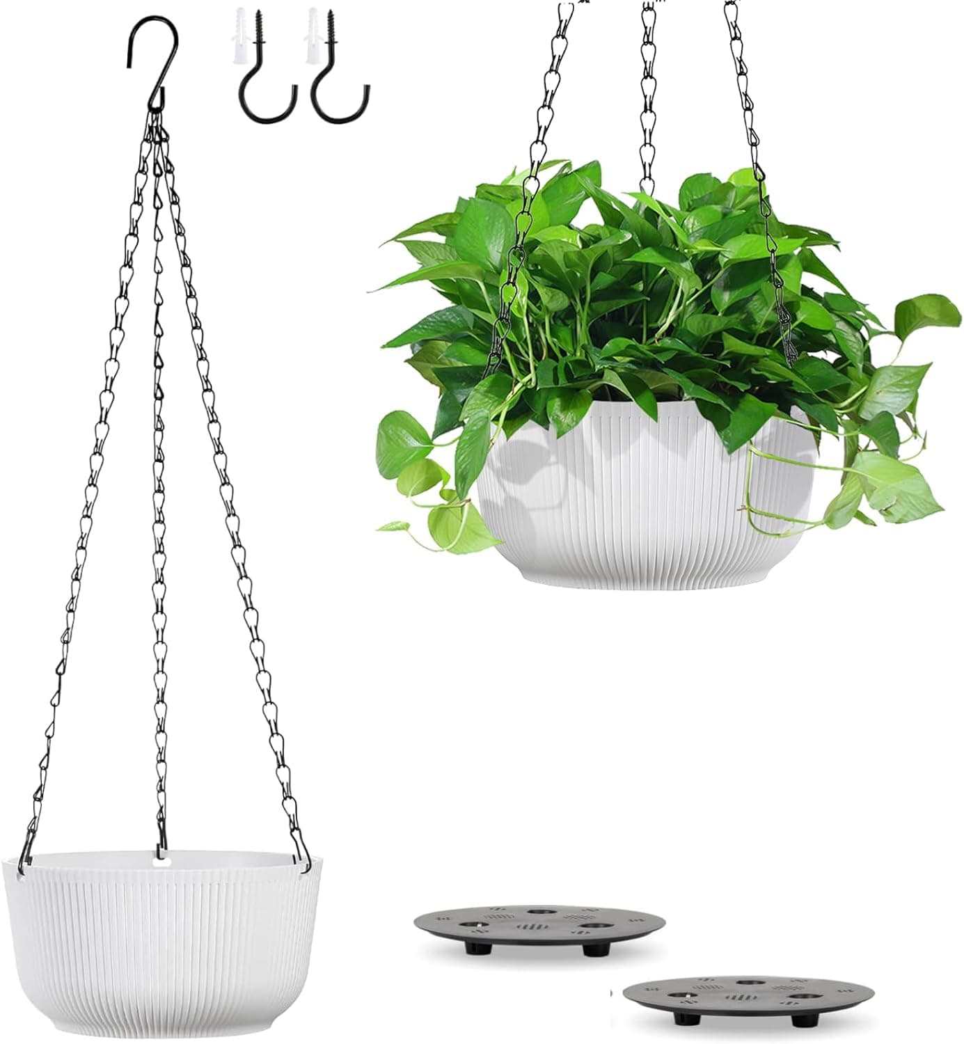 Set of 2 White 8.8 Inch Hanging Planters for Indoor Outdoor Plants, Self Watering Hanging Baskets Flower Pots with Drainage Hole & Plug