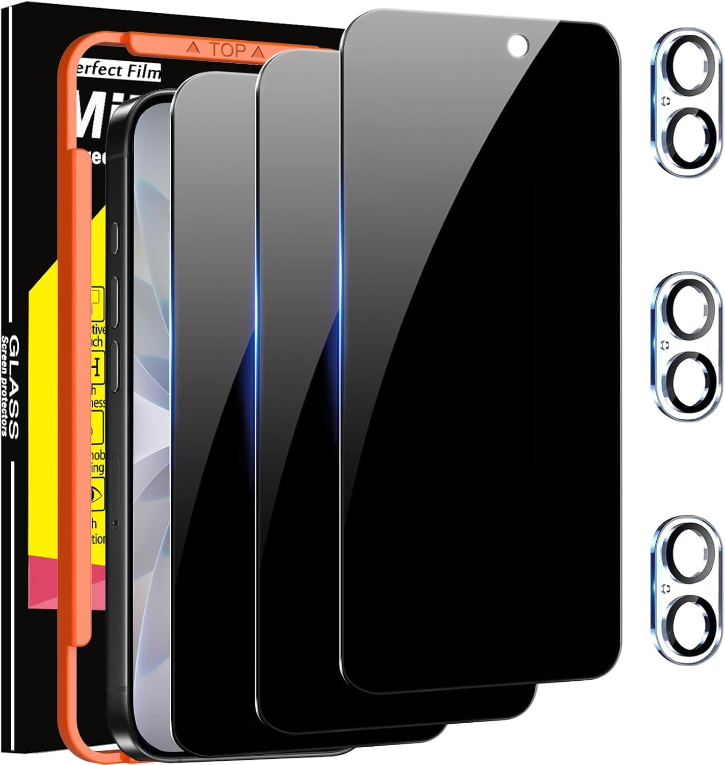 Milomdoi 3 Pack Privacy Screen Protector for iPhone 17 [Phone Case Friendly] Accessories Private Film, 3 Pacs Tempered Glass Camera Lens Protector, with Mounting Frame for Apple Anti Spy,Black