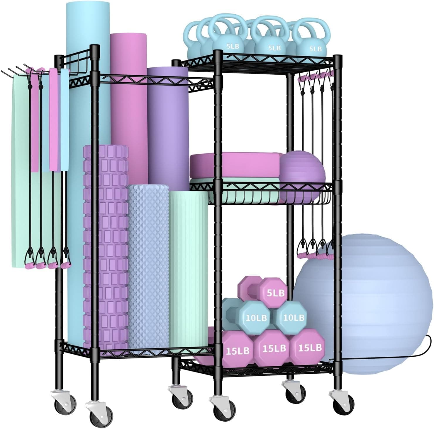 Dumbbell Rack, Home Gym Storage with Locking Wheels & 4 Hooks, 4 Tier Adjustable Workout Equipment Storage for Yoga Mat, Foam Roller, Dumbbell, Kettlebell, Fitness Ball and Resistance Band