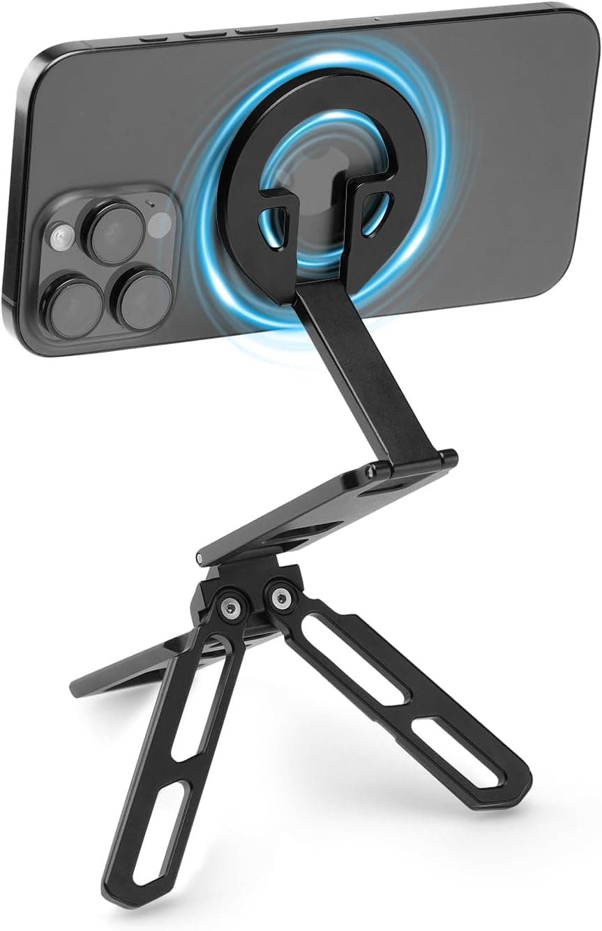 FANAUE Magnetic Tripod Mount - 360° Adjustable Aluminum Stand, Portable Foldable Design, Strong Magnetic Compatible Holder for iPhone, iPad, Smartphones, Vlogging, and Content Creation