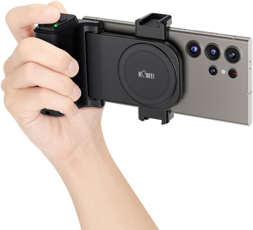 KIWIFOTOS Travel Phone Camera Grip Smartphones Camera Handle with Remote Control & Cold Shoe Mount for iPhone 17 16 15 14 Pro Max Samsung S24 S25 Selfie Vlog Video Shooting