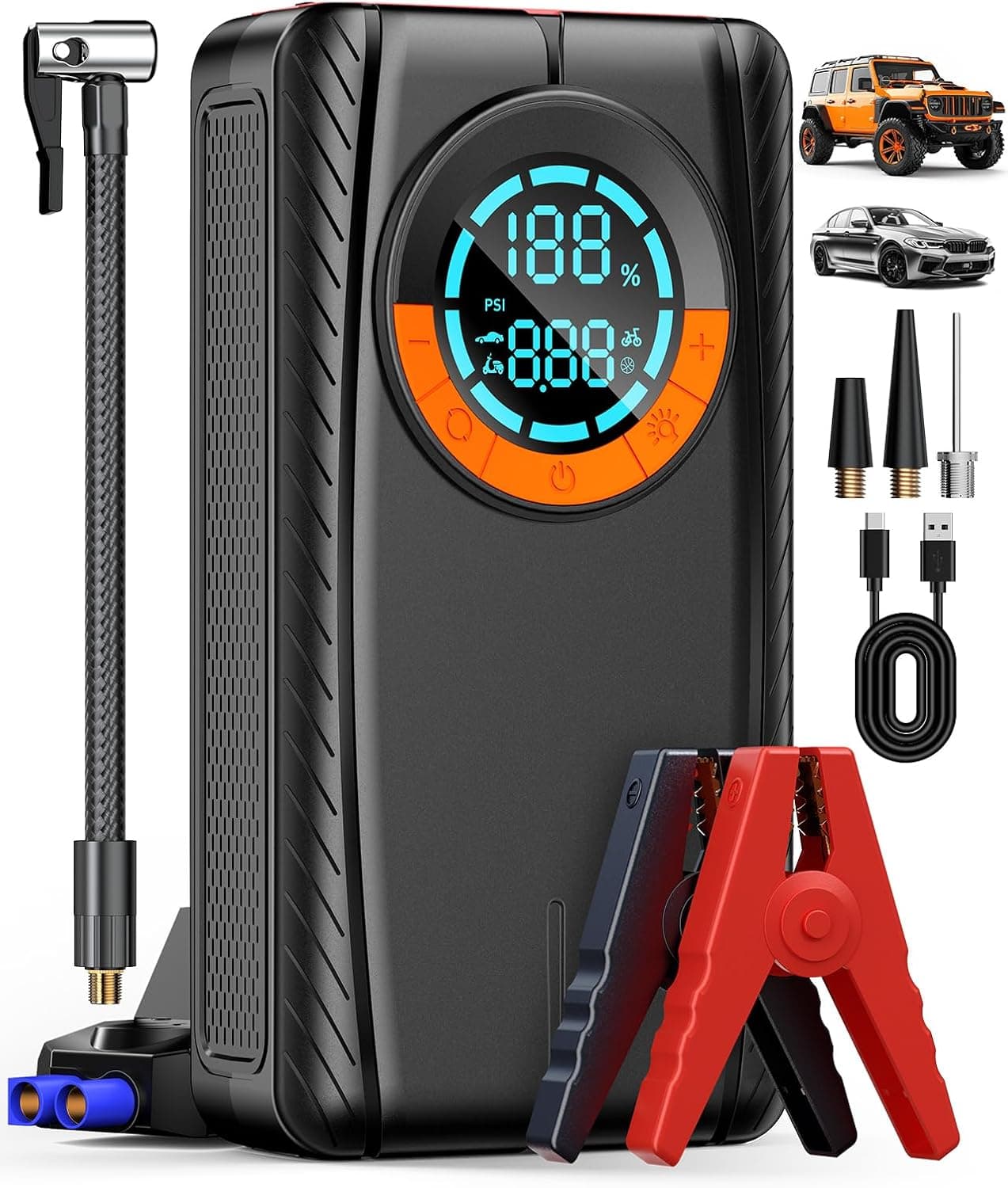 Jump Starter with Air Compressor, Car Battery Jump Starter (8.0 Gas/7.0L Diesel), Battery Jumper Starter Portable Jump Box, 12V Portable Car Jump Starter with Tire Inflator, LED Light (Model)