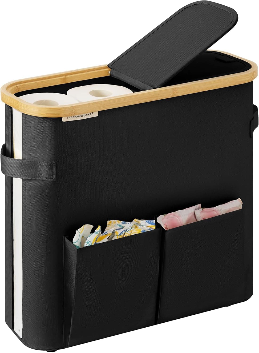 StorageWorks Toilet Paper Storage with Dual Flip Lids, Toilet Paper Holder Basket with Side Pocket, Holds 9 Mega or 12 Regular Rolls, Paper Storage Container for Bathroom, Medium, Black