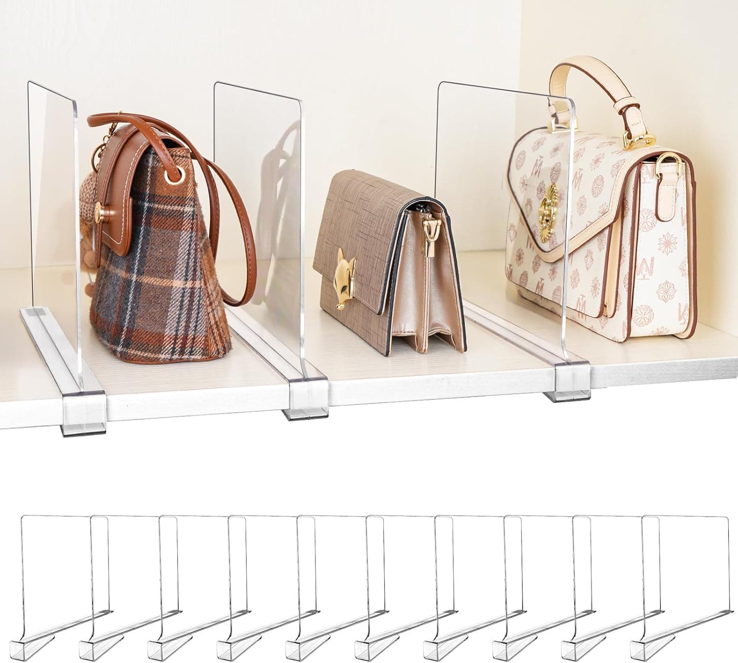 10 Pack Shelf Dividers, Adjustable Shelf Dividers for Closet Organization with Non-Slip Design, Clear Acrylic Shelf Dividers for Clothes, Handbags, Purses, Towels, Bookshelf in Home Organization