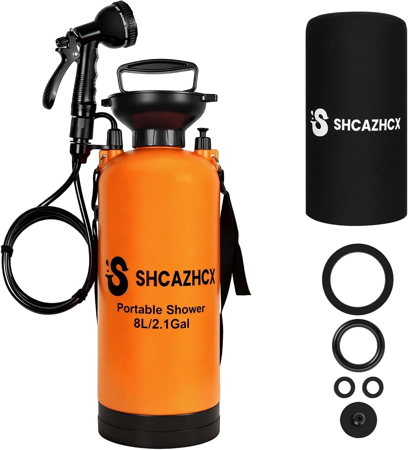 2.1 Gallon/8L Portable Shower, 10 Spray Modes, No Power Needed, Insulated Sleeve Keeps Water Warm, Multi-Use Sprayer for Camping, Beach & Surfing, Fishing, Hiking, Road Trips, Orange