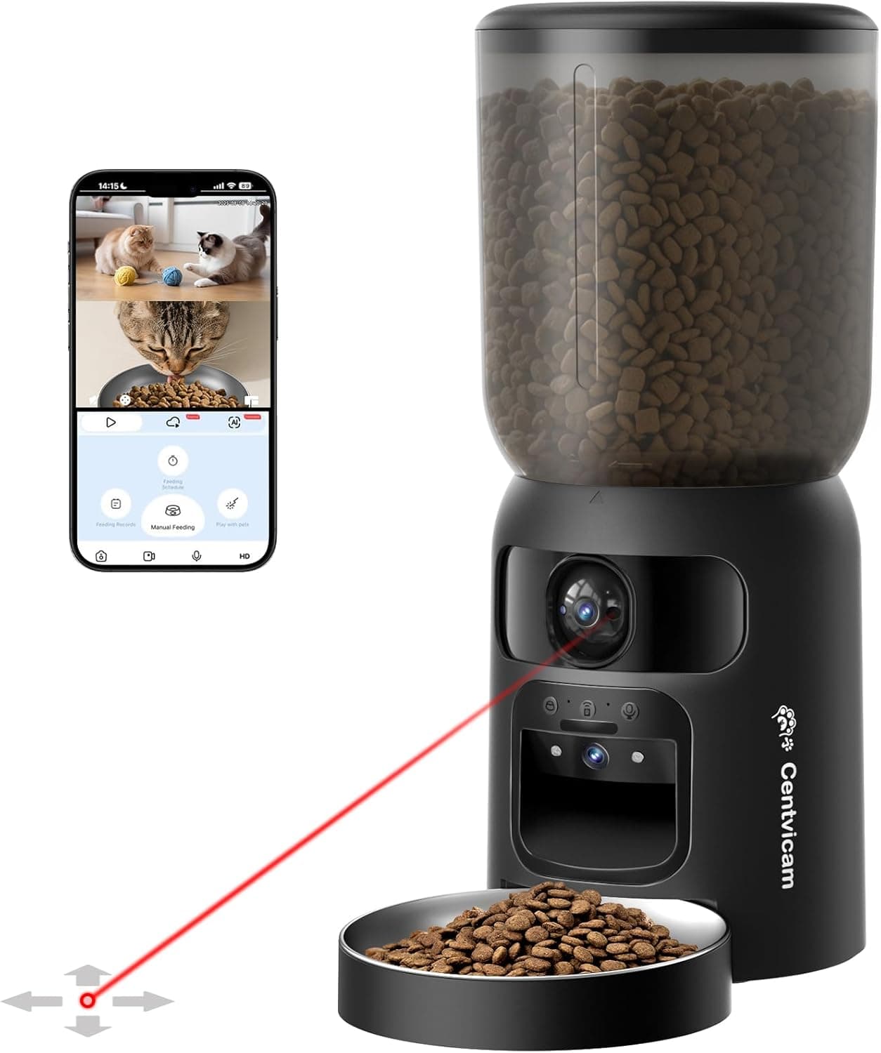 Automatic Cat Feeder with Dual 2K HD Camera, Smart Pet Food Dispenser for Timed Meals, APP Control Laser Interactive Toy Treat Feeders with 2.4G / 5G WiFi, Black