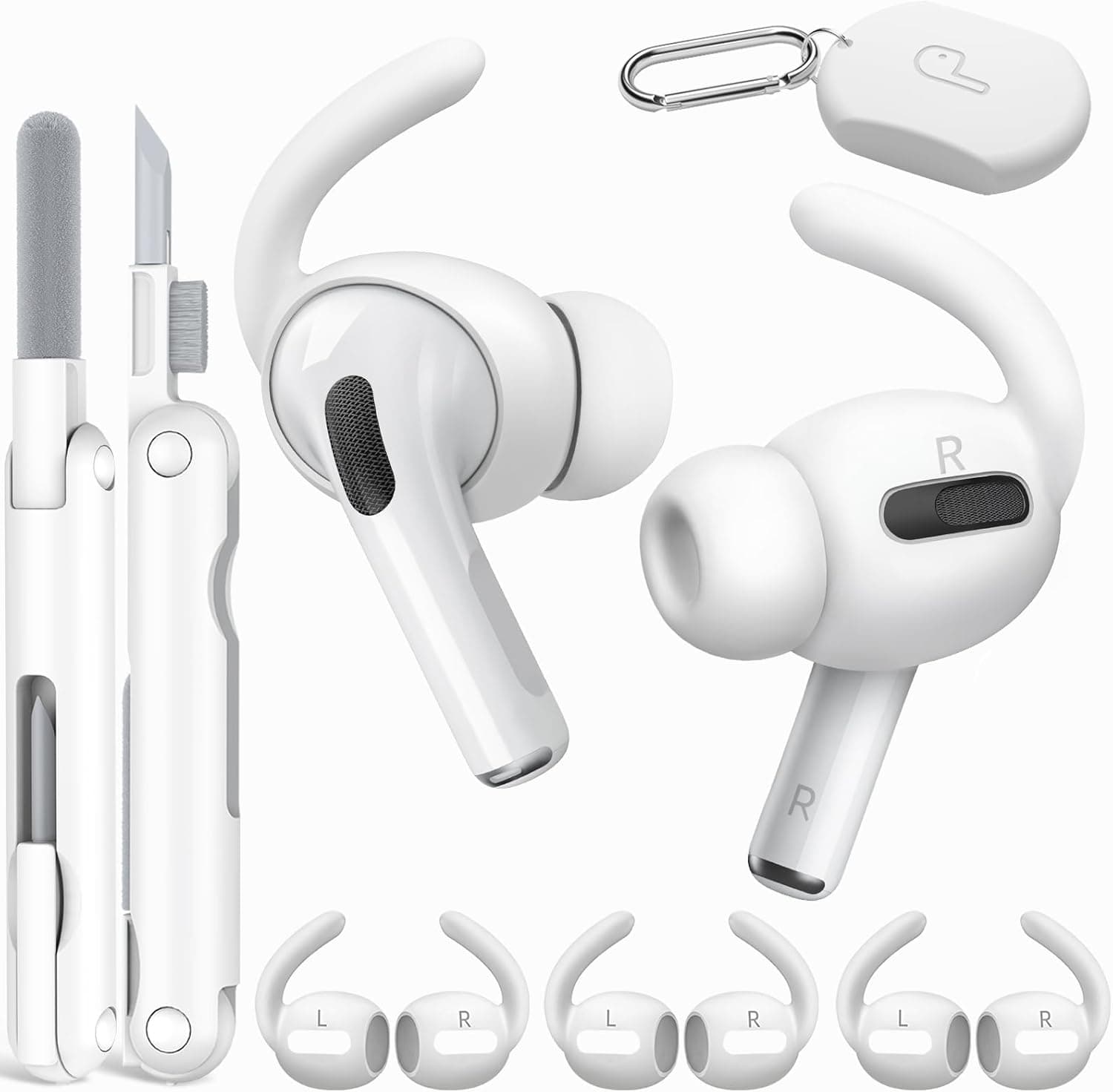 4 Pairs for Apple AirPods Pro 1st Generation Ear Hooks, Silicone Anti-Slip for AirPods Pro Ear Hook with Storage Pouch, Cleaning Kit, Carabiner