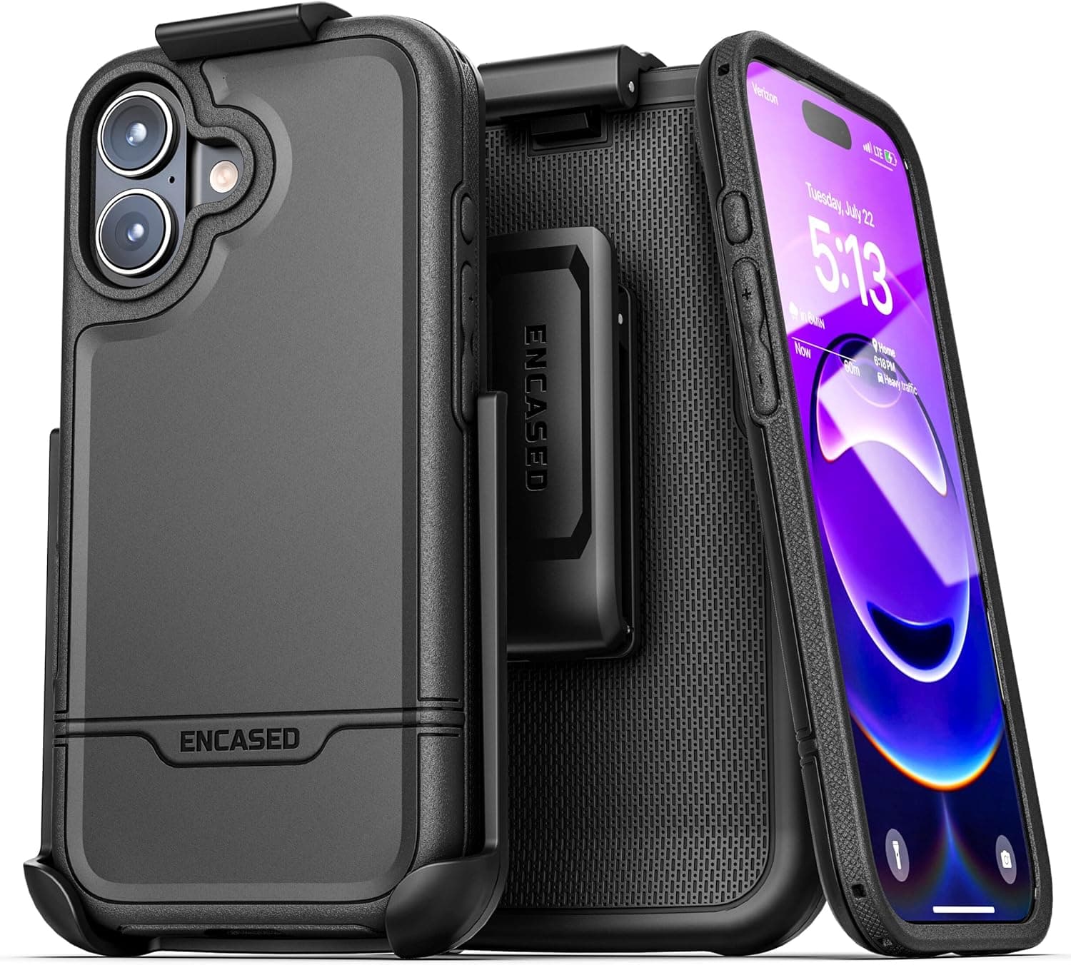 Encased for iPhone 17 Phone Case with Belt Clip, (Rebel Armor) Protective Case with Camera Control Button and Holster (Compatible with MagSafe) Black