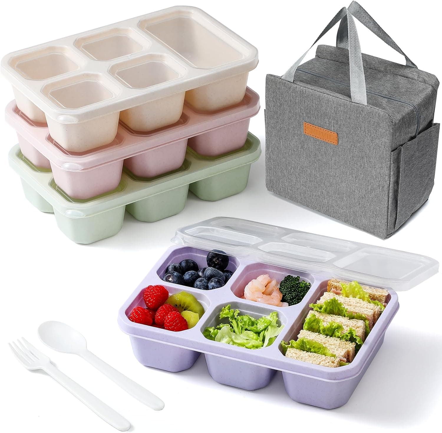 4-Pack Bento Box Adult with Lunch Bag, 5 - Compartment Snack Containers, Reusable Snackle Box with Lids, Meal Prep Containers for Work, Travel and Camping