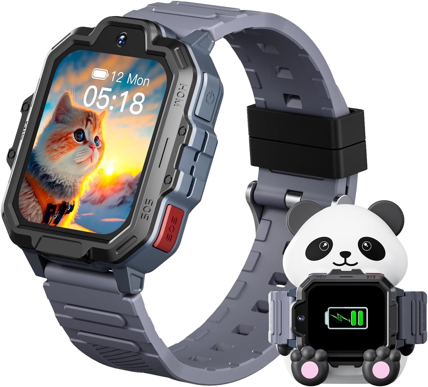 4G Kids Smart Watch, T17 Smartwatch Gifts with Panda Holder, GPS Tracker, Video Calling, SOS, Voice Chat, SMS, School Mode, Puzzle Games, HD Touch Screen for Boys & Girls 3-12（Gray）