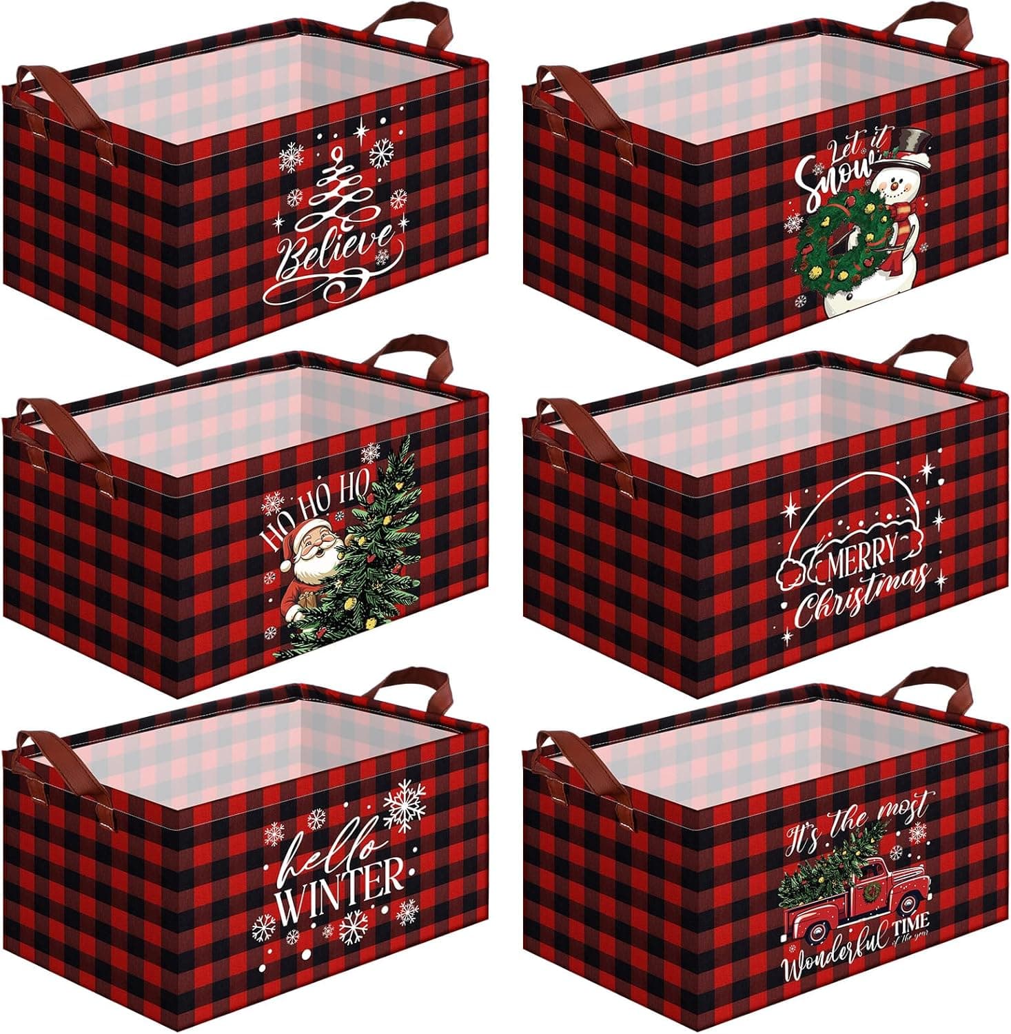 CHENGU 6 Pack Christmas Storage Basket Collapsible Christmas Basket for Gifts Buffalo Plaid Holiday Decor Large Snowman Bin Foldable Xmas Tree Box with Handle for Bedroom Office Home