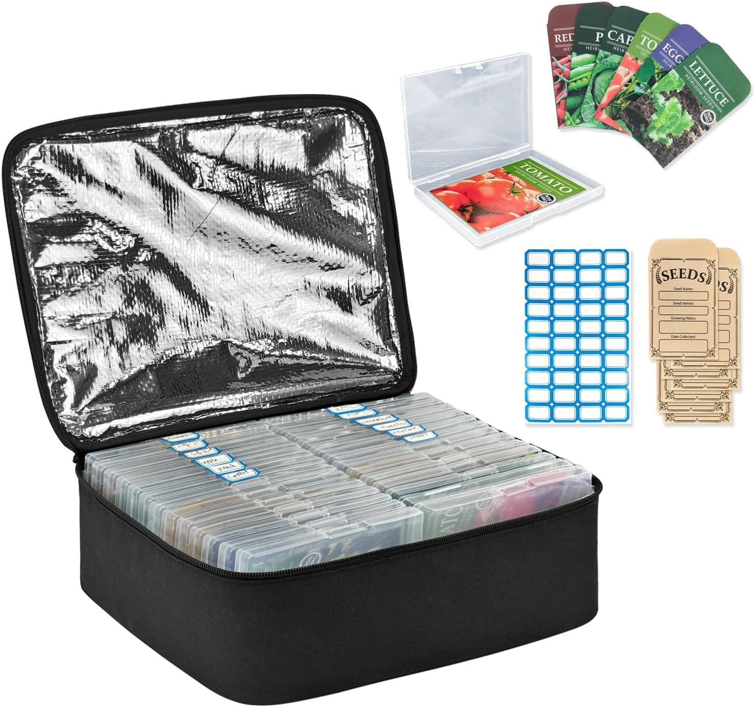 Boczif 26 Slots Seed Storage Organizer Box with Insulated Bag Seed Envelopes Bag and Label Stickers, Garden Seed Container for Seed Packets, Plant, Flower, Vegetable Seeds