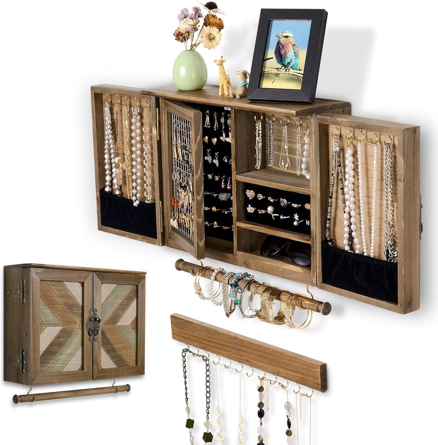 ikkle Wooden Jewelry Organizer Wall Mounted, Hanging Jewelry Holder with Removable Bracelet Rod and Hooks for Necklaces Earrings Bracelets Rings, Brown