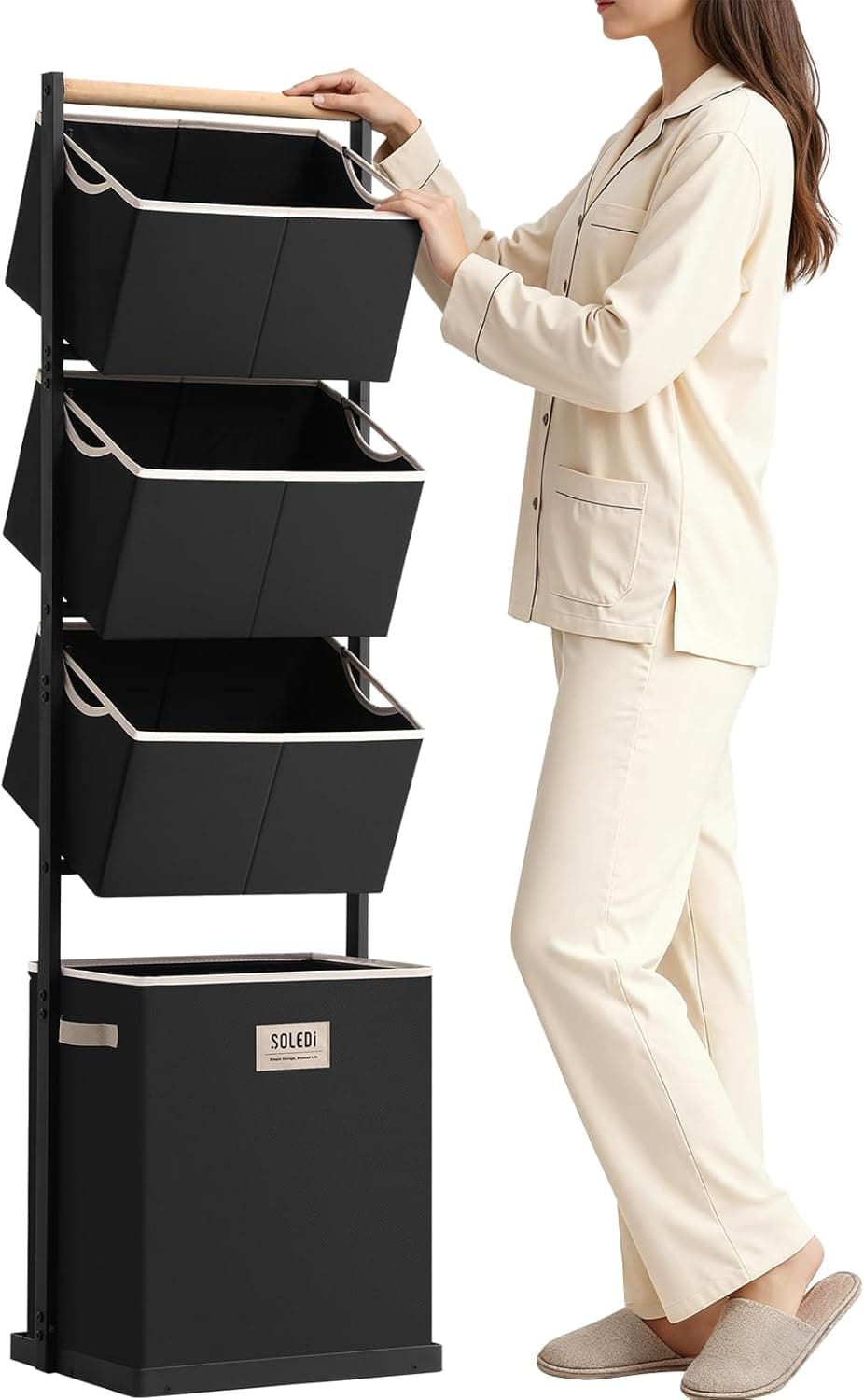 SOLEDI 4 Section Laundry Hamper Sorter, Stackable Laundry Basket Organizer with Removable Basket, 125L 4-Tier Vertical Laundry Sorter for Small Space, Laundry Room, Dorm, Bathroom, Wardrobe Black