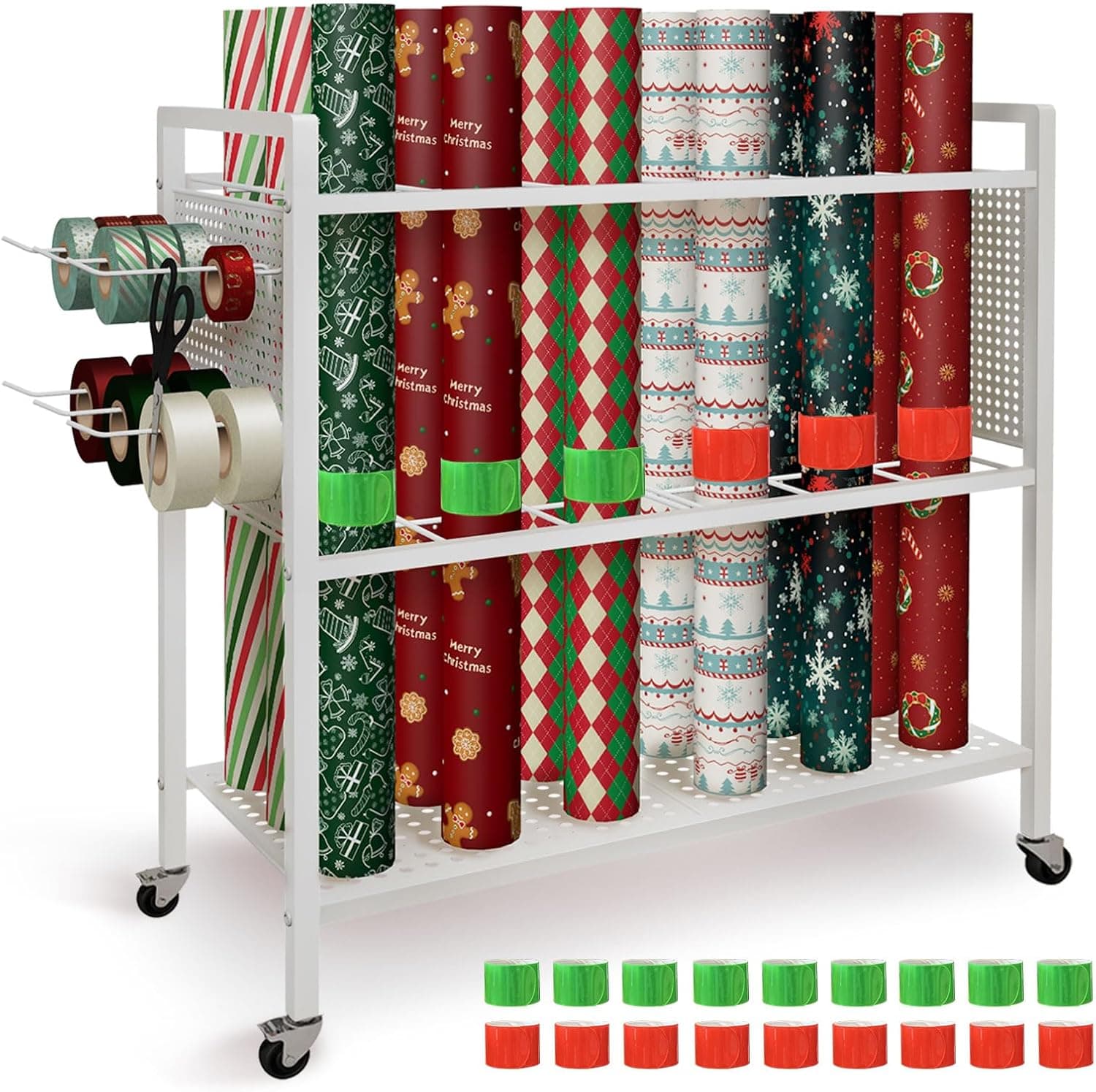 Wrapping Paper Organizer Storage Cart with 18 Slap Bands, Rolling Gift Wrap Station with Ribbon Holder and Gift Bag Storage, Craft Organizers and Storage for Christmas Gifts.