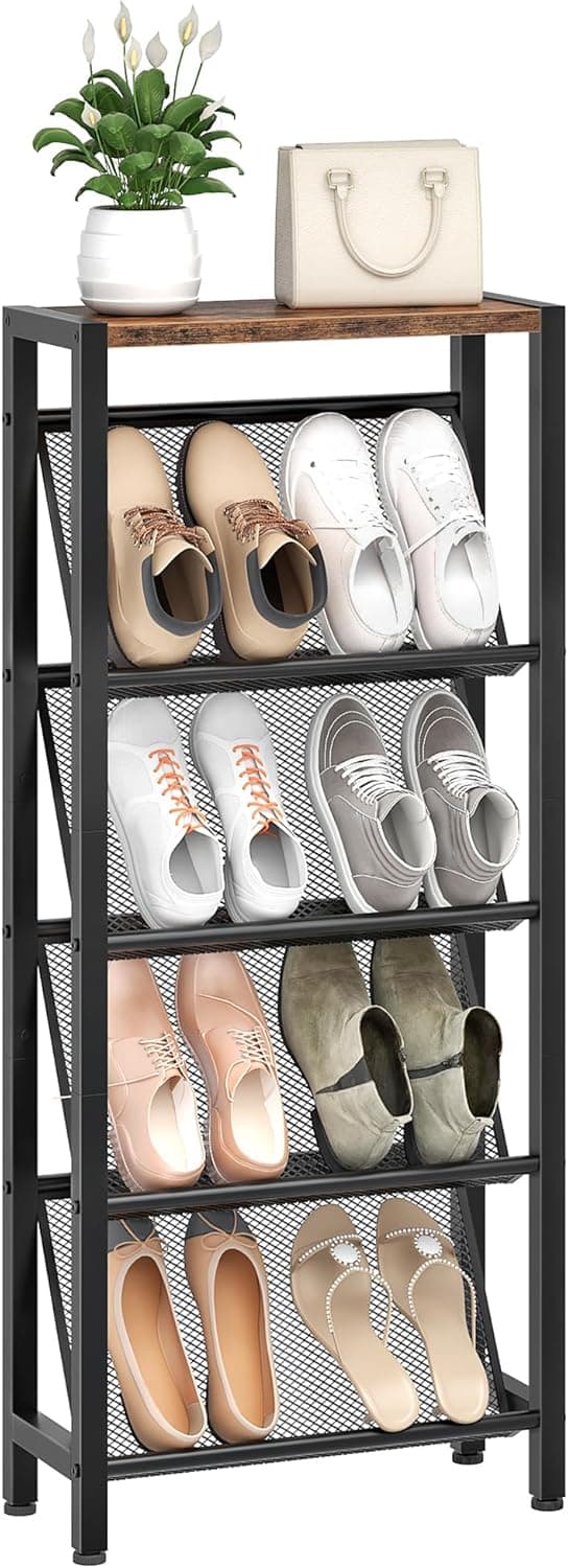 Shoe Rack, 5-Tier Slanted Shoe Rack, Narrow Shoe Storage Shelf, Slim Shoe Organizer for Entryway, Space-Saving, Wooden Top and Metal Frame, for Entryway, Hallway Rustic Brown and Black TXJ03BF
