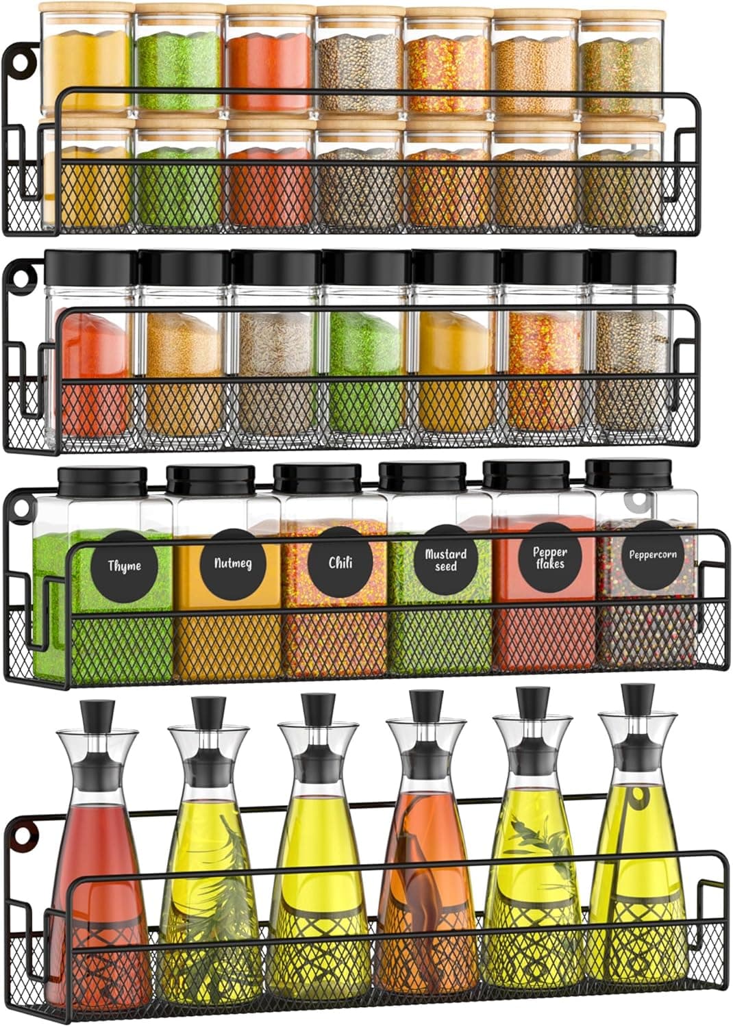 Wall Mounted Spice Rack Organizer, Pantry Door Organizer & Hanging Storage Baskets, Metal Spice Shelf for Kitchen Cabinet, 2 Depth Sizes Hold Large Jars to Nail Polish Bottles, 4 Pack