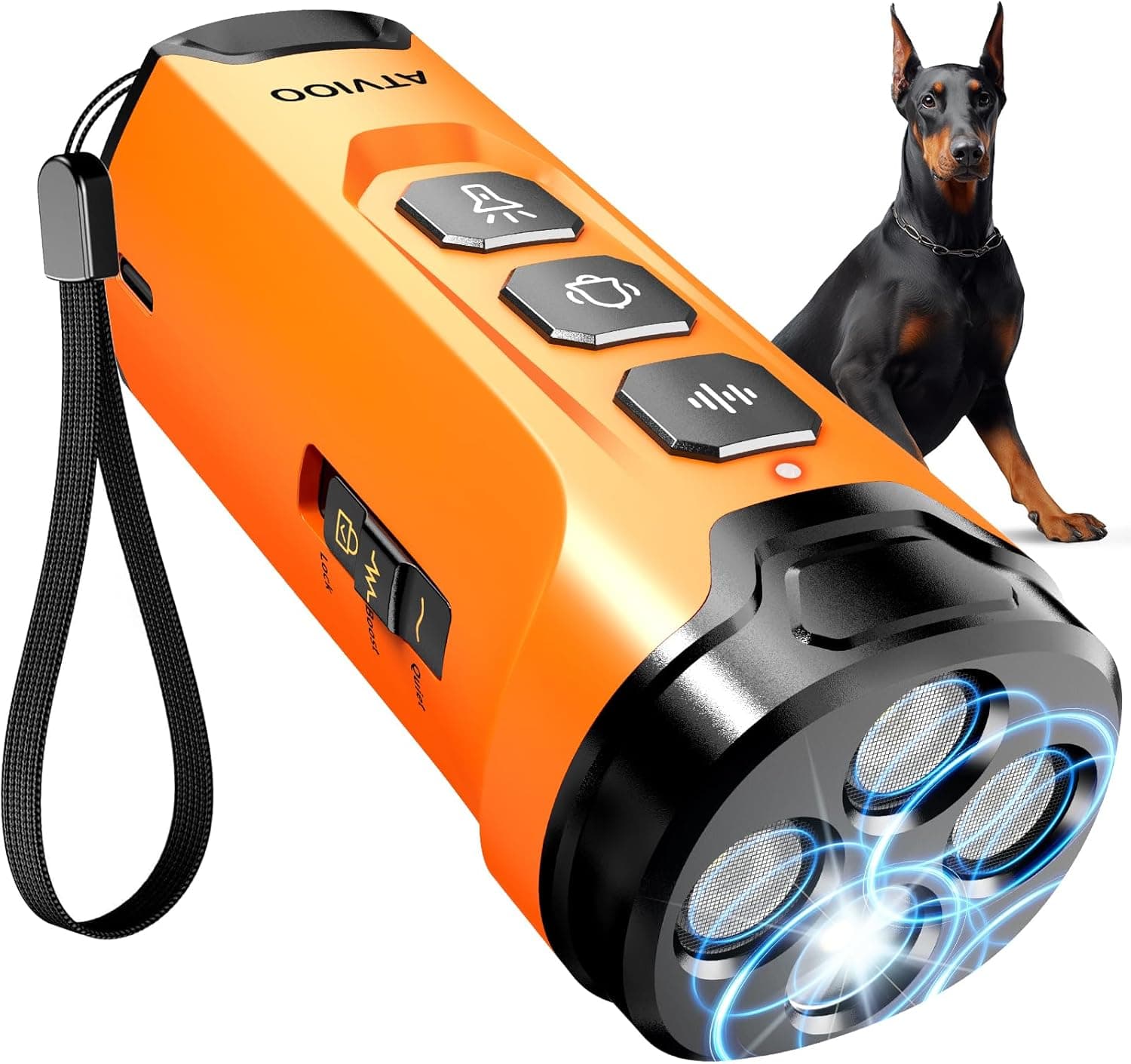 Dog Bark Deterrent Device, 3X Sonic Emitters, Dual-Frequency Bark Control, Flashlight & Sound Modes, Humane No-Bark Trainer, Safety Lock, USB-C Rechargeable (Orange)