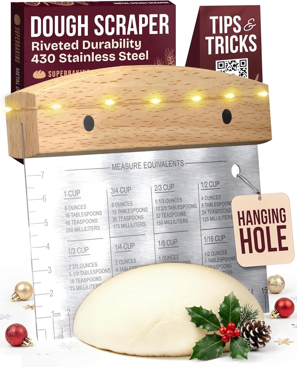 Superbaking Dough Scraper - 6" Wooden Bench Scraper - Dough Cutter with Ruler - Pastry & Cake Scraper - Kitchen Tools Sourdough Baking Supplies - Bread Making Tools & Accessories for Home Bakers