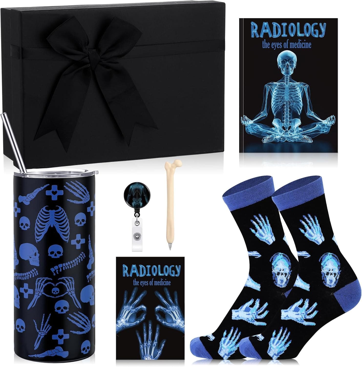 Patelai 7 Pack Christmas Radiology Technician Gift Xray Retractable Badge Reel Holder Notebook 16 oz Water Cup Bone Ballpoint Pen Socks Card and Box for Xmas Rad Tech Week Nurse Doctor Assistant Gift