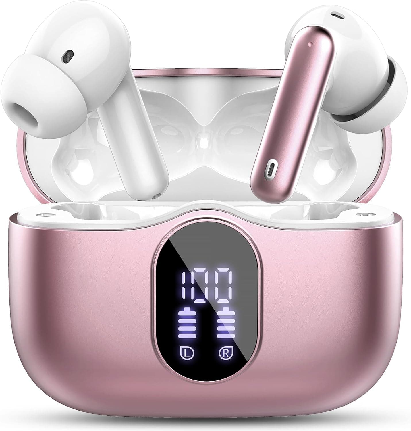 Wireless Earbuds, Bluetooth 5.4 Headphones Bass Stereo, Ear Buds with Noise Cancelling Mic, LED Display in Ear Earphones Clear Calls, IP7 Waterproof Bluetooth Earbuds for Laptop/Phones, Rose Gold