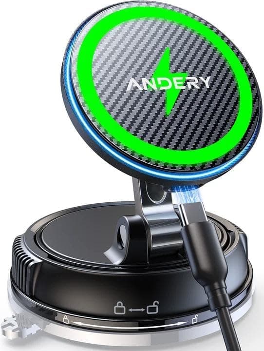 ANDERY Only for iPhone Magsafe Car Mount Charger [15W Fast Wireless Charging, 78+LBS Strong Suction 2400gf Strong Magnetic] 360° Adjustable Car Phone Holder, Phone Holders for Your Car, Carbon Fiber