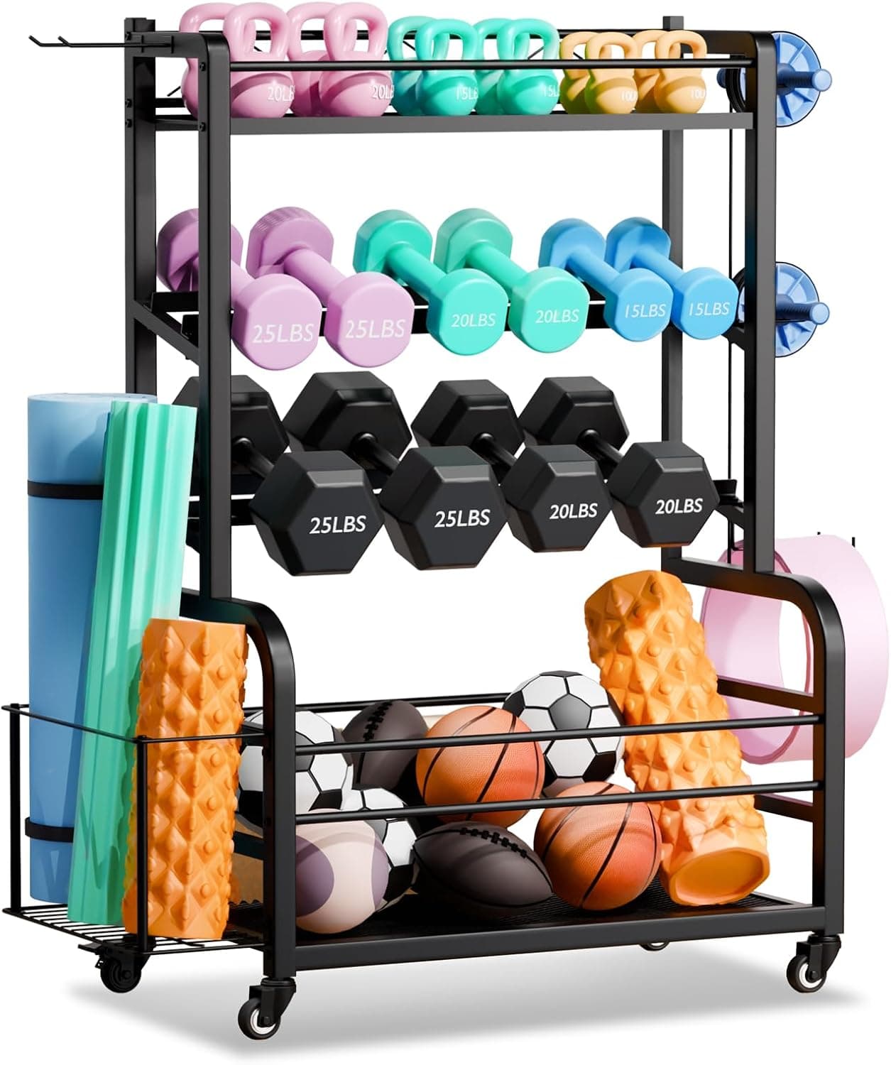 Dumbbell Rack Weight Stand - 4-Tier Adjustable Weight Rack for Dumbbells, Home Gym Storage Rack for Yoga Mat Foam Roller Kettlebells, Workout Equipment Storage Organizer With Wheels and Hooks